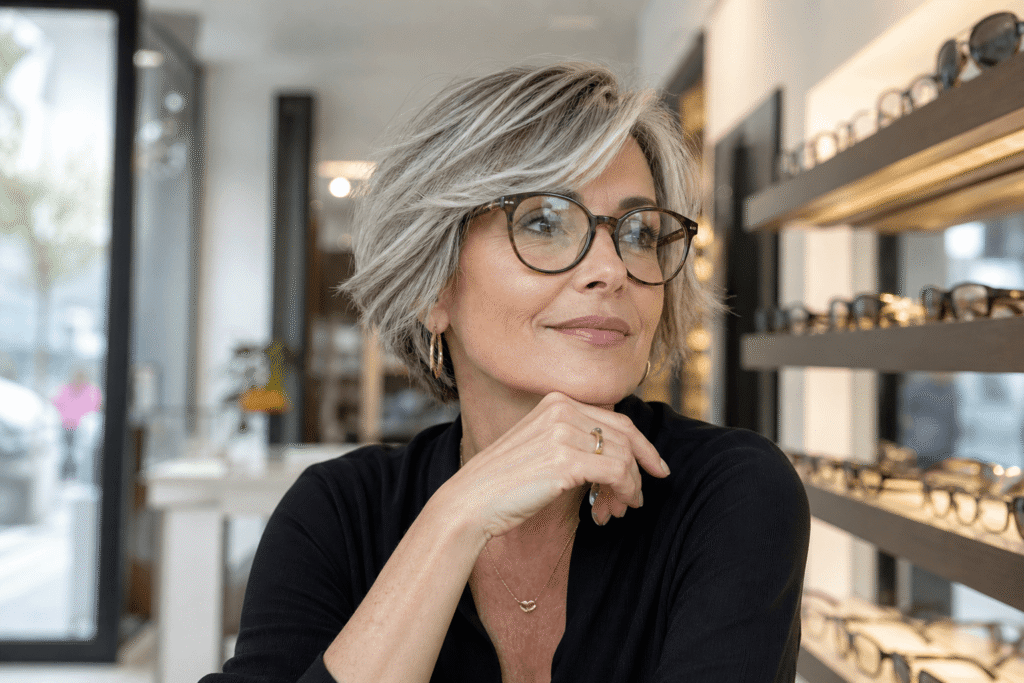 Coupe de cheveux femme 50 ans avec lunettes